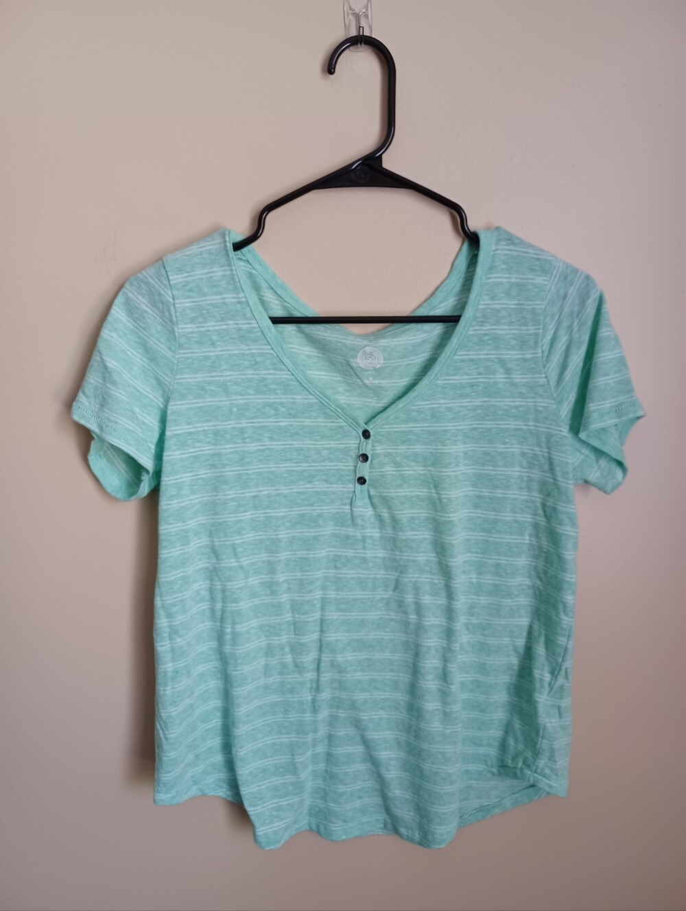 Women's Size M SO Green White Striped Summer Clothes Top Casual V-Neck Shirt